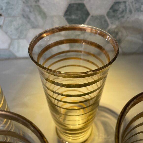Vintage MCM Glass Serving Set, Horizontal Gold Stripes, Pitcher  & 4 Glasses - Picture 9 of 12